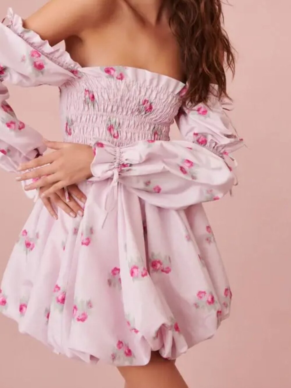 LoveShackFancy Janey Baby Pink Floral Bubble Skirt Long Sleeve Mini Dress S